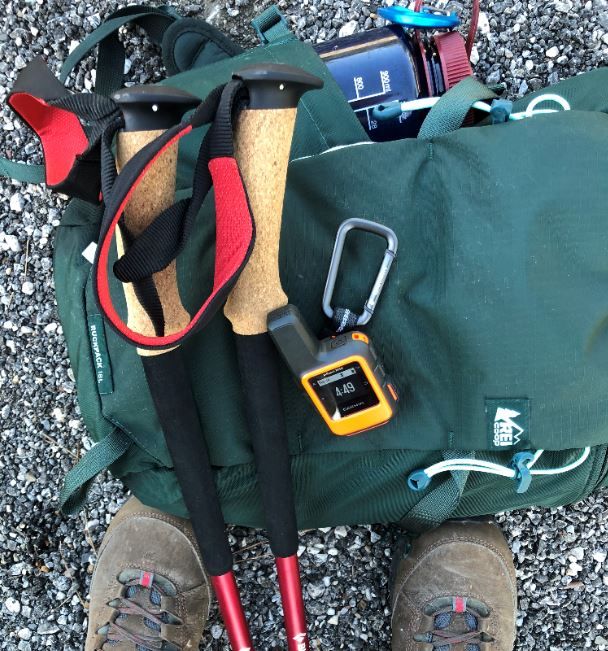 My daypack, poles, shoes, Garmin